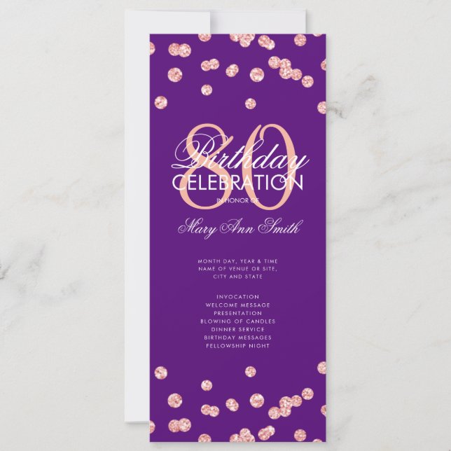 80th Birthday Program Rose Gold Navy Glitter Menu (Front)