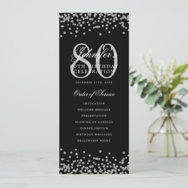 80th Birthday Program Silver Confetti Black  (Standing Front)