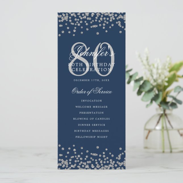 80th Birthday Program Silver Confetti Navy Blue (Standing Front)