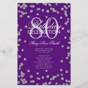 80th Birthday Program Silver Purple Glitter Menu