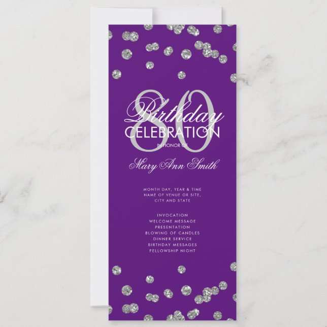80th Birthday Program Silver Purple Glitter Menu (Front)
