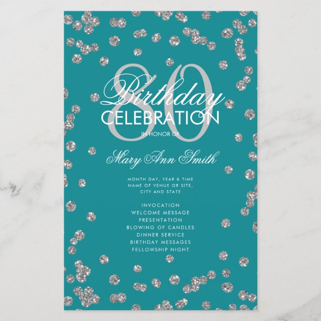 80th Birthday Program Silver Teal Glitter Menu (Front)