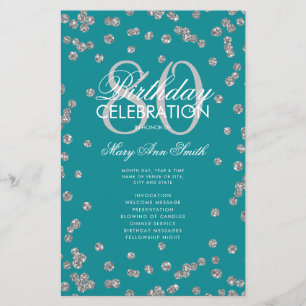 80th Birthday Program Silver Teal Glitter Menu