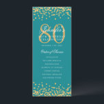 80th Birthday Program Thanks Gold Turquoise<br><div class="desc">Elegant "Birthday Party Program" design with faux glitter confetti and custom text.</div>