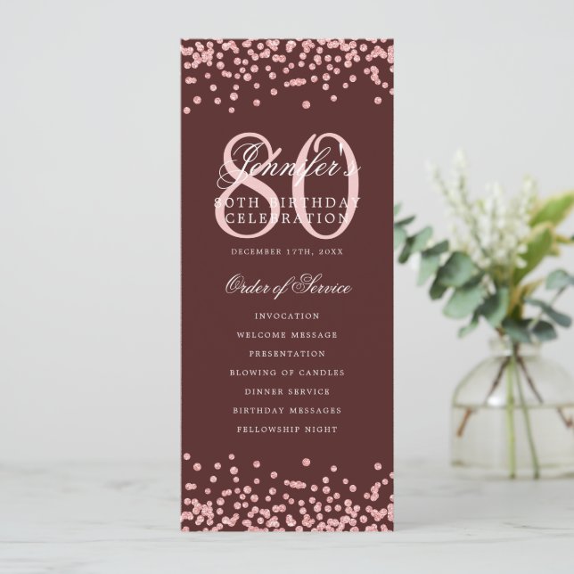 80th Birthday Program Thanks Rose Gold Burgundy (Standing Front)