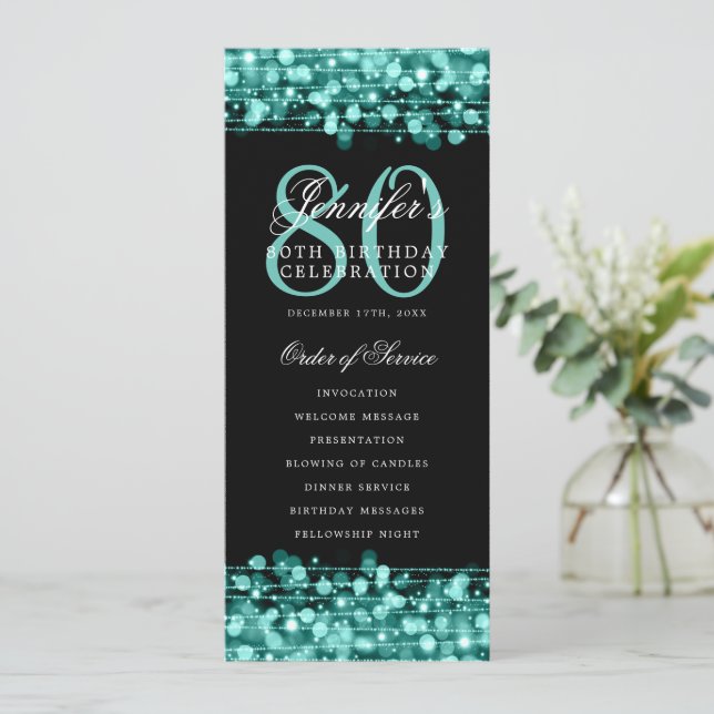 80th Birthday Program Turquoise Menu+Thank You (Standing Front)