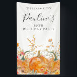 80th Birthday Pumpkin Wildflower Vertical Outdoor Banner<br><div class="desc">Fall pumpkins are nestled in delicate golden yellow and orange wildflowers to create an elegant aesthetic. All of the text is editable so you can easily craft your own special mood.</div>
