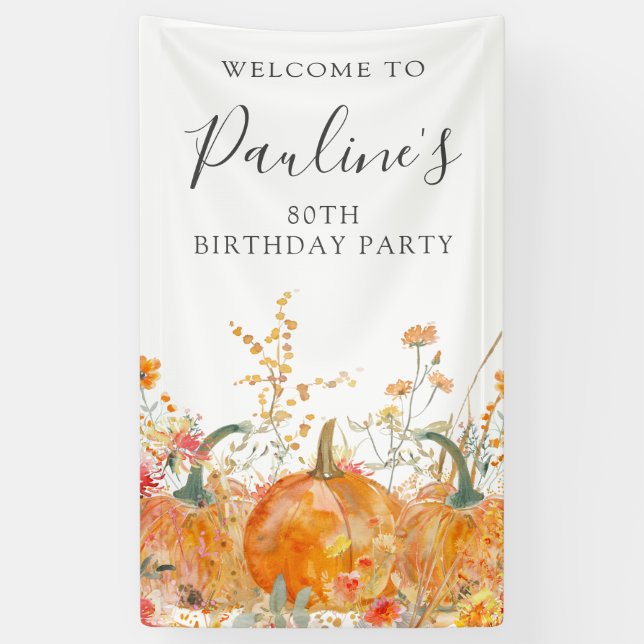 80th Birthday Pumpkin Wildflower Vertical Outdoor Banner (Vertical)