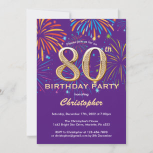 80th Birthday Purple and Gold Rainbow Fireworks Invitation