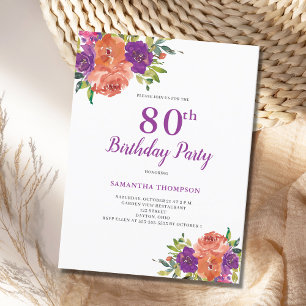 80th Birthday Purple Floral Invitation Postcard