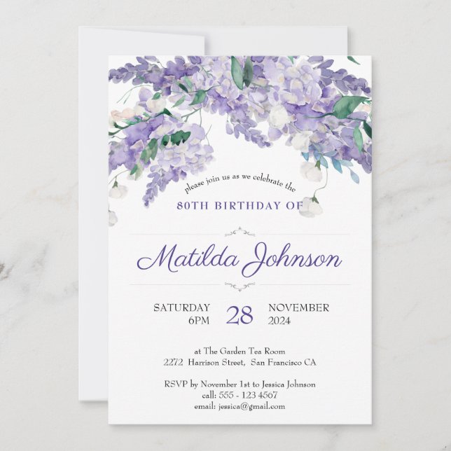 80th Birthday Purple Floral Watercolor Elegant Invitation (Front)