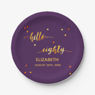 80th birthday purple gold hello 80 name script paper plate