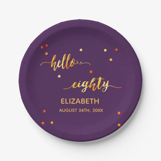 80th birthday purple gold hello 80 name script paper plate (Front)