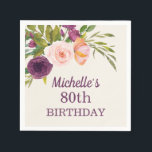 80th Birthday Purple Pink Floral Cream  Napkin<br><div class="desc">Gorgeous purple and blush pink watercolor floral on cream-coloured 80th birthday party custom paper napkins for women. These napkins have a matching birthday party collection in my shop, but text is customizable and can be designed for any event you may be celebrating. Contact me for assistance with your customizations or...</div>