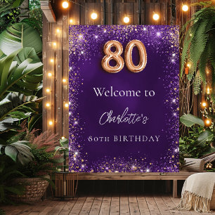 80th birthday purple sparkles welcome poster