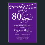 80th Birthday - Purple White Invitation<br><div class="desc">80th Birthday Invitation
Simple purple white design with fairy string lights and script font. Cheers to 80 years! Can be personalized into any age! Message me if you need further customization.</div>