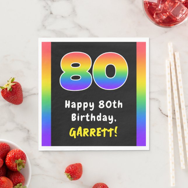 80th Birthday: Rainbow Spectrum # 80, Custom Name Napkin (Insitu)