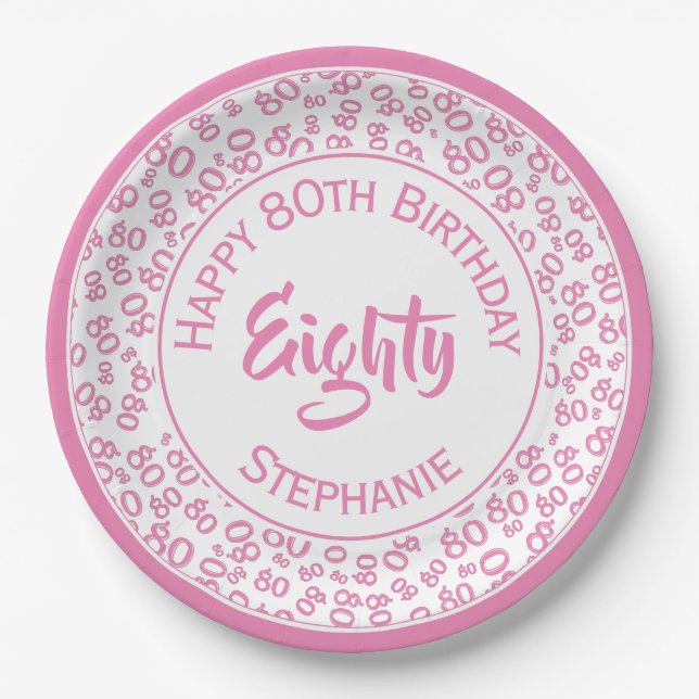 80th Birthday Random Number Pattern Pink/White Paper Plate (Front)