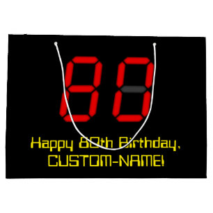 80th Birthday: Red Digital Clock Style "80" + Name Large Gift Bag