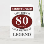 80th Birthday Red Genuine Legend Add Your Name Card<br><div class="desc">Fun 80th "Birth Of A Legend" birthday red, grey and white card. Add the year, change "Legend" to suit your needs. Add the name and a unique message in the card. All easily done using the template provided. You can also change the age to make any age you want eg...</div>