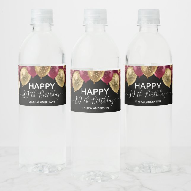 80th Birthday Red Gold Balloons Water Bottle Label (Bottles)