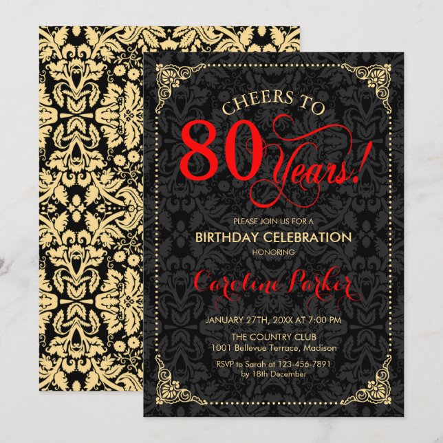 80th Birthday - Red Gold Black Damask Invitation (Front/Back)
