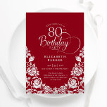 80th Birthday Red Silver Roses Invitation<br><div class="desc">Red silver elegant 80th birthday party invitation. Classy design featuring roses,  faux silver foil and typography script font. Trendy invite card perfect for a stylish female bday celebration. Personalize with your own details. Can be customized to any age. Printed Zazzle invitations or instant download digital printable template.</div>