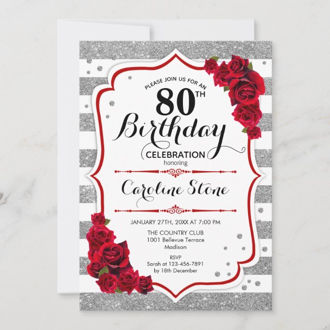 80th Birthday -  Red Silver White Stripes Roses Invitation (Front)