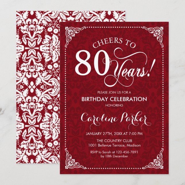 80th Birthday - Red White Damask Invitation (Front/Back)