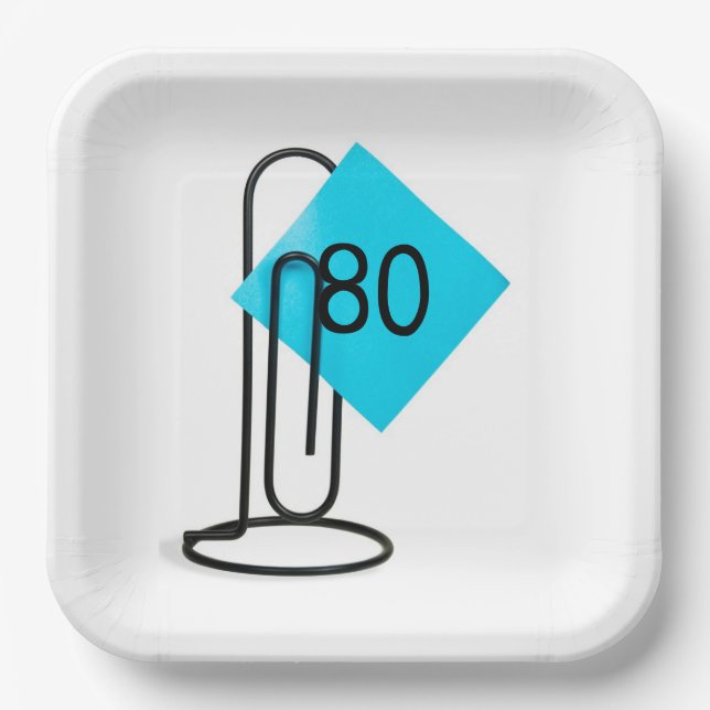 80th Birthday Reminder Note On a Paper Clip Paper Plate (Front)