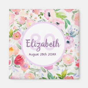 80th birthday romantic watercolored pink flowers magnet