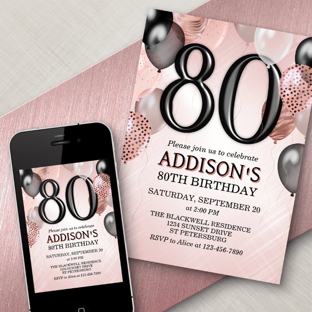 80th Birthday Rose Gold Balloons Invitation (Creator Uploaded)
