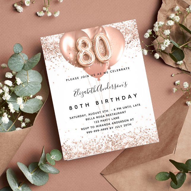 80th birthday rose gold balloons invitation flyer (Creator Uploaded)