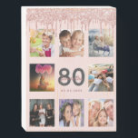 80th birthday rose gold blush glitter drips photo wooden box sign<br><div class="desc">A glamourous and unique 80th birthday gift or keepsake, celebrating her life with a collage of 8 of your photos. Personalize and add a name, age 80 and a date. Grey and dark rose gold coloured letters. Elegant and trendy blush pink background colour. Decorated with rose gold coloured faux glitter...</div>