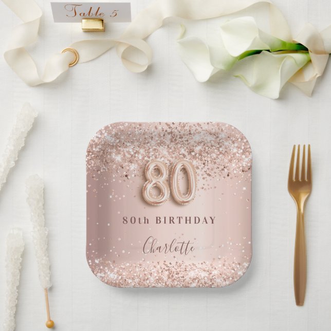 80th birthday rose gold blush pink name paper plate (Wedding)