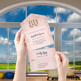 80th birthday rose gold blush sparkle party RSVP All In One Invitation