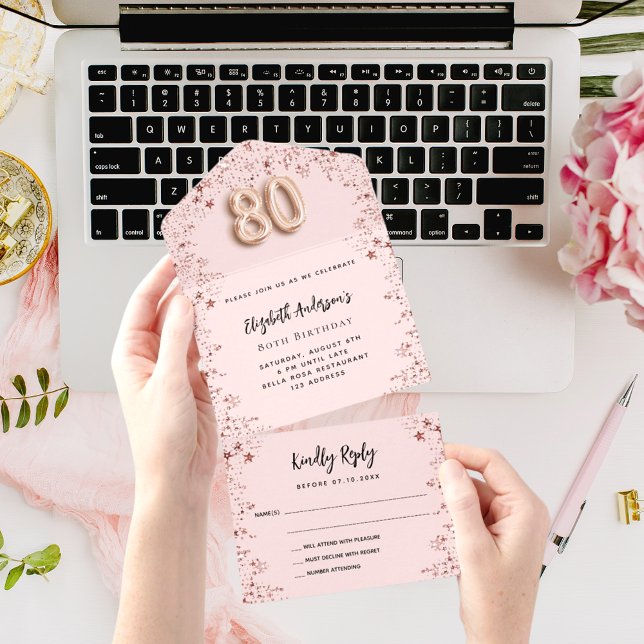 80th birthday rose gold blush stars party RSVP All In One Invitation (Creator Uploaded)