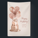 80th Birthday Rose Gold Cake  Banner<br><div class="desc">This fabulous 80th birthday party 4 x 6 vinyl banner featuring a 2-layer rose gold cake with rose gold balloons and the number 80 in rose gold, the words Happy Birthday in a beautiful script font, and the guest of honour's name and the date of the party in a modern...</div>
