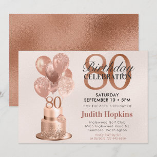 80th Birthday Rose Gold Cake Invitation