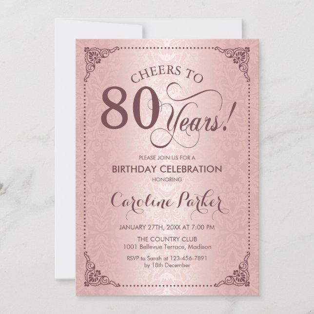80th Birthday - Rose Gold Damask Invitation (Front)