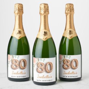 80th birthday rose gold eucalyptus flower name sparkling wine label