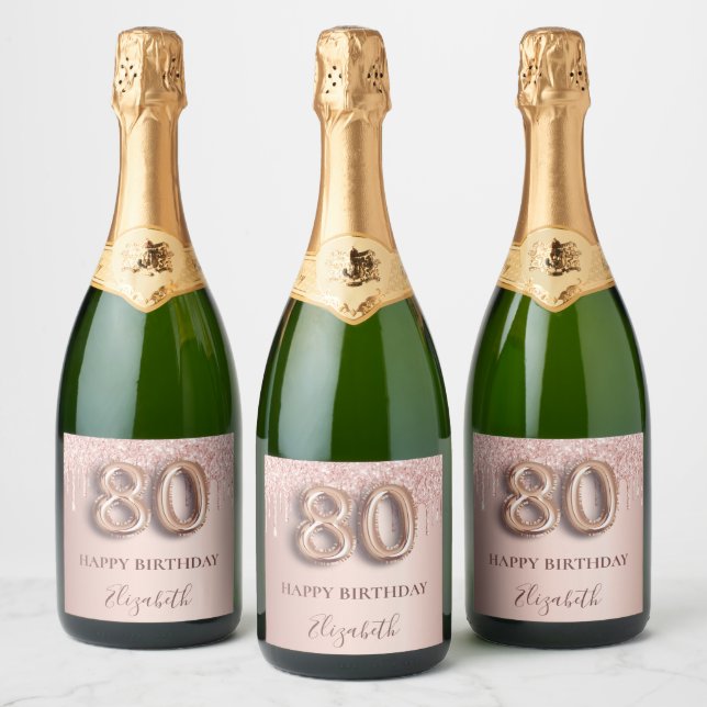 80th birthday rose gold glitter pink balloon style sparkling wine label (Bottles)