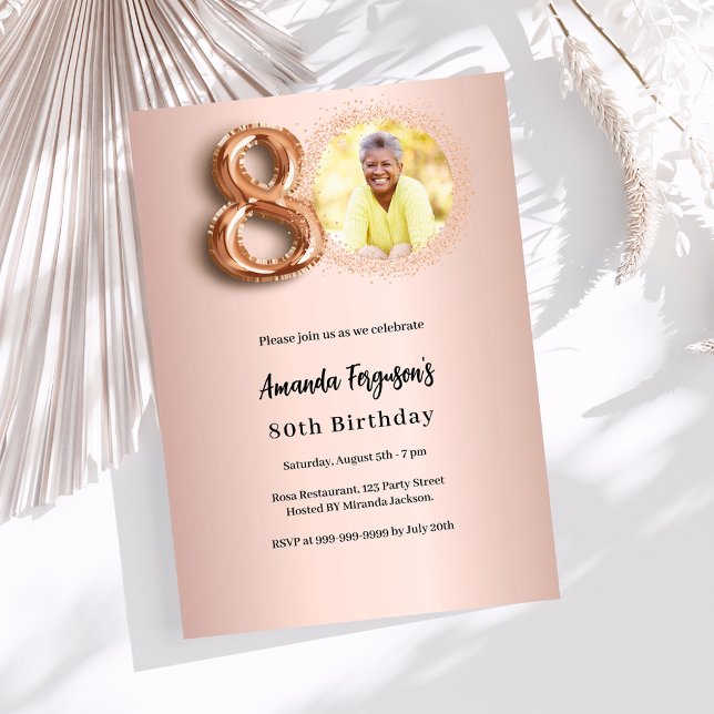 80th Birthday rose gold photo Invitation (Creator Uploaded)