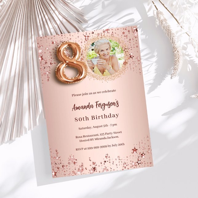 80th Birthday rose gold photo stars Invitation (Creator Uploaded)