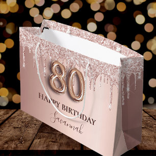 80th birthday rose gold pink drips large gift bag