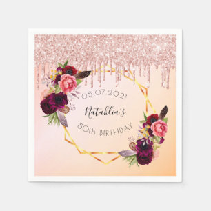 80th birthday rose gold pink geometric glitter napkin