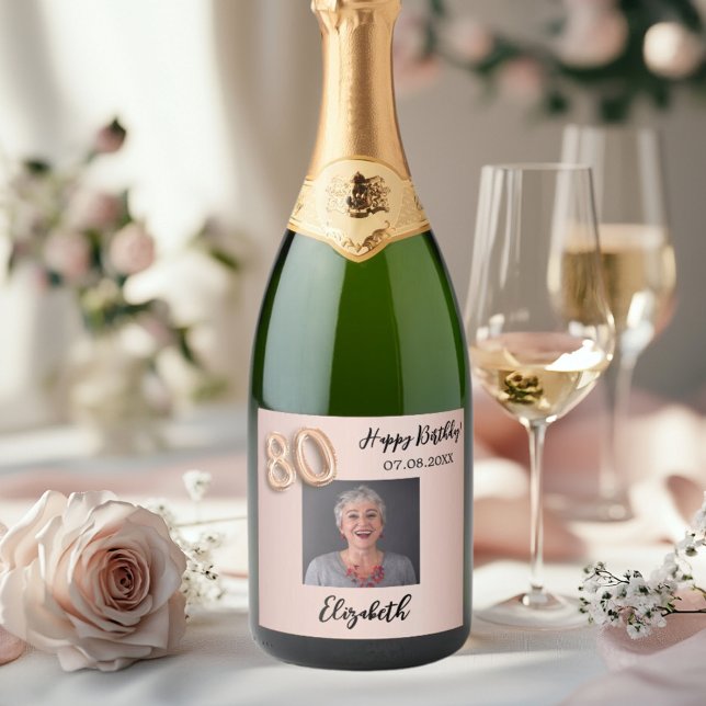 80th Birthday rose gold pink photo Sparkling Wine Label (Creator Uploaded)