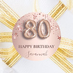 80th birthday rose gold pink stars balloon font classic round sticker<br><div class="desc">Elegant, classic, glamourous and girly for a 80th birthday party. Rose gold and blush pink, gradient background. Decorated with rose gold, pink sparkling stars. Personalize and add a name. With the text: Happy Birthday plus the birthday girls name. The name is written with a modern dark rose coloured hand lettered...</div>