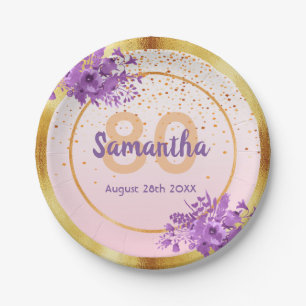 80th birthday rose gold purple florals name paper plate
