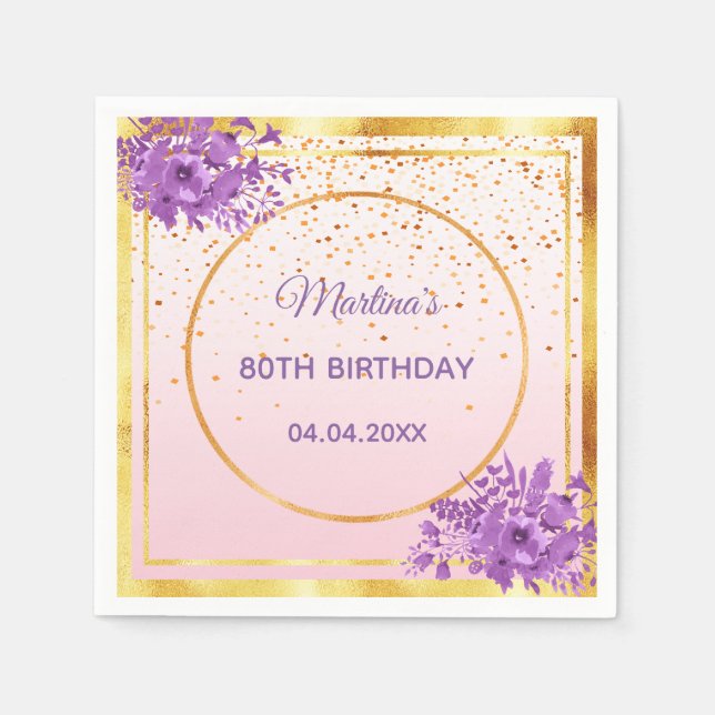 80th birthday rose gold violet flowers napkin (Front)